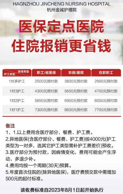 杭州金誠護理院收費價格表